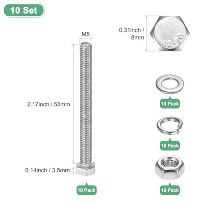 M METERXITY 10-Pack Hex Head Screw Bolt with Nuts Flat & Lock Washers M5x55mm Stainless Steel Bolts and Nuts Kit Fully Threaded Metric Bolt Assortment for Equipment/Machinery - size: M5x55mm