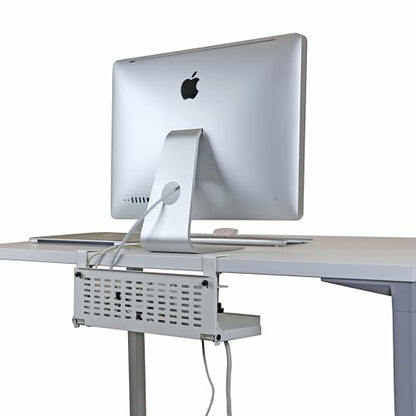 AEONS Universal Under Desk Cable Management Tray-Clamp Mount Hinged Swing Modesty Panel Organizer for Office Desks Easy Access Flip-Down position Power Strip Cord Storage No-Drill 25 lb Capacity White - style: 16" Swing, White