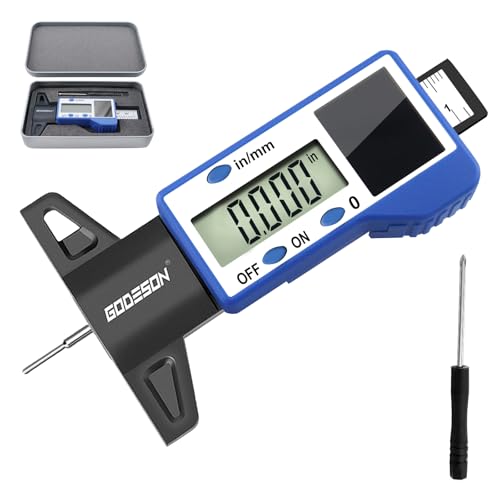 GODESON Digital Tire Tread Depth Gauge – Solar & Battery Hybrid, Inch/MM Modes, 1"/25.4mm Range, Blue Accurate Tread Depth Gauge Tool for Cars, Trucks & Motorcycles Tire Wear Check - style: IN/MM - Blue