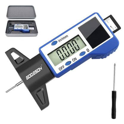 GODESON Digital Tire Tread Depth Gauge – Solar & Battery Hybrid, Inch/MM Modes, 1"/25.4mm Range, Blue Accurate Tread Depth Gauge Tool for Cars, Trucks & Motorcycles Tire Wear Check - style: IN/MM - Blue