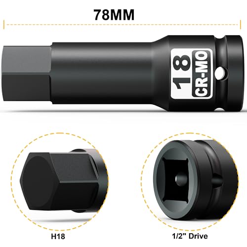 1/2" Drive 18 mm Hex Impact Bit Socket, H18 Allen Bit Socket, Metric, Cr-Mo Steel, Automotive Repair Industrial Maintenance and DIY Enthusiasts Alike - size: 1/2" H18 Deep