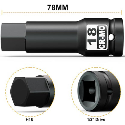 1/2" Drive 18 mm Hex Impact Bit Socket, H18 Allen Bit Socket, Metric, Cr-Mo Steel, Automotive Repair Industrial Maintenance and DIY Enthusiasts Alike - size: 1/2" H18 Deep