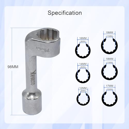 1/2" Dr Injection Line Socket Wrench Set, 6pc 12pt Diesel Fuel Line Socket Set, L-Type Injection Line Socket with 12 14 16 17 18 19mm Wrenches, Fuel Line Dismantling Removal Tool