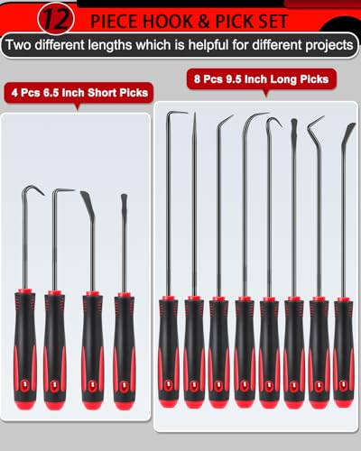 12 Pcs Pick Set Mechanic, Hook and Pick Tool Set with Non-Slip Grip, Long and Short Automotive Pick Set for Oil Seal, O-Ring and Gasket Removal, Car Repair, Mechanical and DIY Use, Black/Red - color: Black/Red