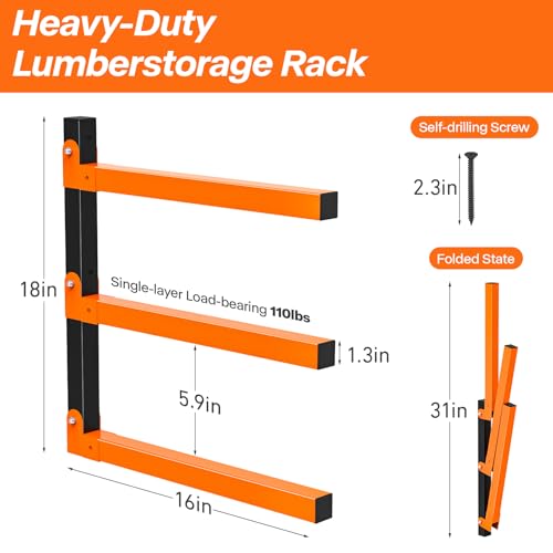 TVKB 2 Pack Heavy Duty Lumber Storage Rack, Wall Mount Wood Rack with 3-Level, Garage Wood Storage Shelves for Lumber, Plywood & Long Tools, Orange, Indoor/Outdoor