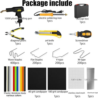 100W Upgraded Plastic Welder Kit,1000PCS Hot Stapler Plastic Repair Kit For Car Bumper Crack Repair, Plastic Welding Kit With Plastic Iron,Plastic Rods,Mesh,Abrasive Paper,Aluminum Tape(BLACK) - color: Black