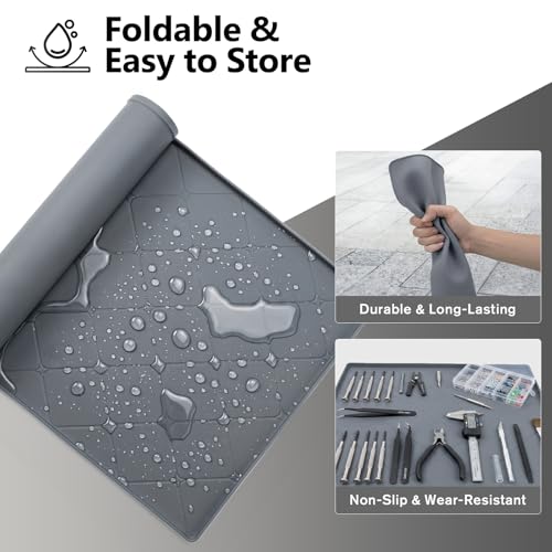 Oil Drip Pan for Under Car 34" x 22", Silicone Oil Spill Mat with 5 Absorbent Pads, Garage Drip Tray with 0.7" Raised Edge, Waterproof Non-Slip Floor Protector, Gray