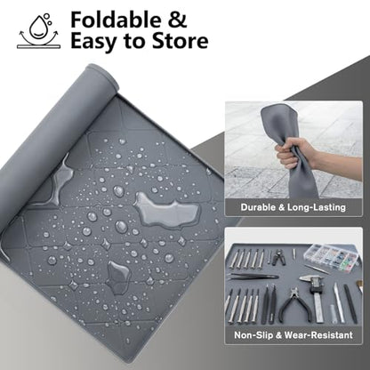 Oil Drip Pan for Under Car 34" x 22", Silicone Oil Spill Mat with 5 Absorbent Pads, Garage Drip Tray with 0.7" Raised Edge, Waterproof Non-Slip Floor Protector, Gray