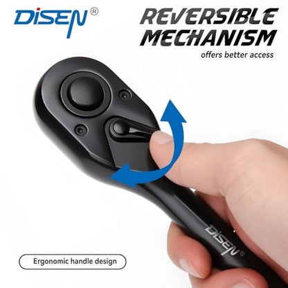 DISEN 3PCS Black Ratchet Set (1/2", 3/8", 1/4" Drive) - 90-Tooth Drive Ratchet Socket Wrench Reversible with Non-slip Rubber Grip, Quick Release & EVA Tray - Professional Ratchet Wrench Handle Kit - size: 3 pieces Standard Ratchet Set - Soft Handle