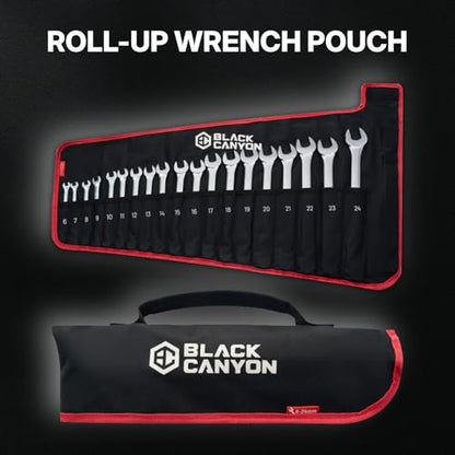 BLACK CANYON Combination Wrench Set with Pouch, Metric 19-Piece (6-24 mm), 12-Point Box End & Hex Opening, Long Pattern, Polished Steel - size: Metric -19 piece set