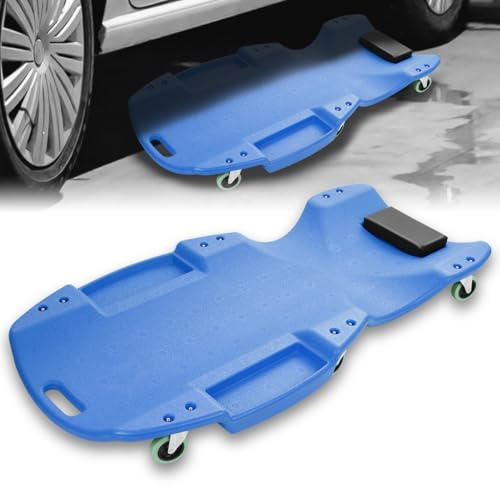 Mechanic Creeper 47 Inch, Low Profile Under Car Rolling Creeper with Padded Headrest and Tool Trays, 300 LBS Capacity, Ergonomic Body Design, Blue