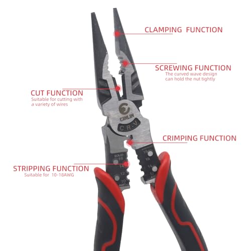 6-in-1 Needle Nose Pliers, 9" Multipurpose Long Nose Pliers with Wire Stripper/Crimper/Cutter Function, Heavy Duty Multifunctional Electrician Pliers for Crimping, Stripping, Shearing,etc.
