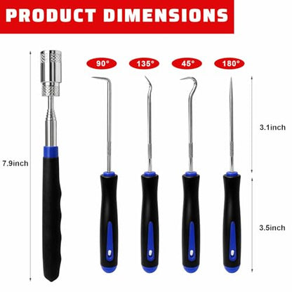 13PCS Precision Pick and Hook Tool Set, Magnetic Telescoping Tool w/Clip Pliers Fastener Remover Gasket Scraper, Rivets Puller Pick Tools w/Storage Bag for Automotive Repair (Blue) - color: Blue