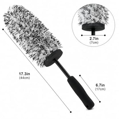 Long Handle Wheel Barrel Brush, Soft Microfiber Wheel Cleaner Brush, Non-Scratch Car Detailing Tool for Rim Cleaning and Tire Detailing (Black)