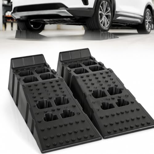 2PCS Car Ramps for Oil Changes and Lfit, 26000lbs Capacity Portable High Profile Car Ramps with A nti-Slip Grooves for Home Garage Maintenance,Vehicle R amps for Auto Repair Black Black