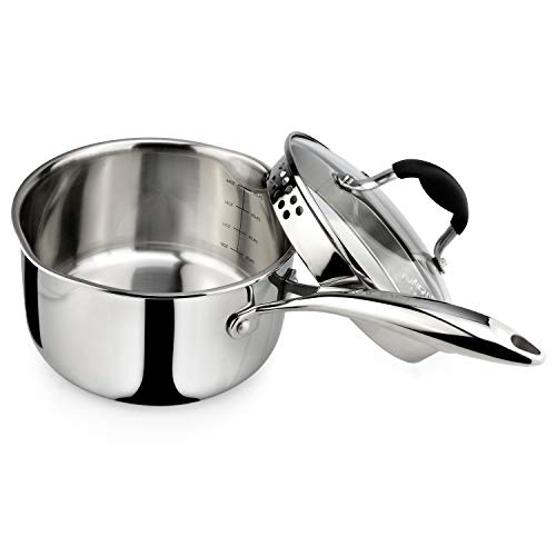 AVACRAFT Tri-Ply Stainless Steel Saucepan with Glass Strainer Lid, Two Side Spouts, Ergonomic Handle, Multipurpose Sauce Pan with Lid, Sauce Pot, Cooking Pot (Tri-Ply Full Body, 2.5 Quart) - size: 2.5 Quarts