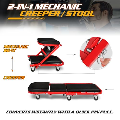 Magshion 36" Triplex Folding Creeper 2-in-1 Garage Foldable Creeper and Seat, Low Profile Mechanic Creeper with 6 Caster Wheels - 330 lbs Capacity (Red) - color: Red, size: 36"