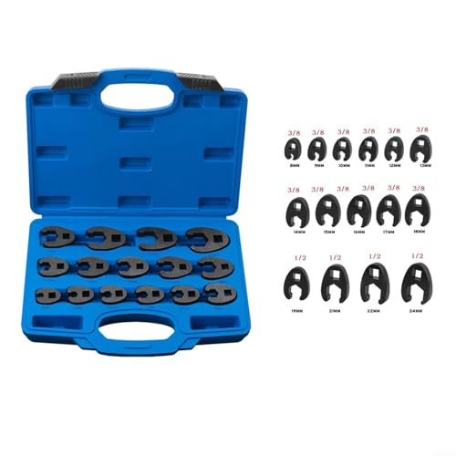15-Piece Metric Crowfoot Wrench Set 8-24mm Chrome Vanadium Steel Open End Flare Nut Wrenches for 3/8 and 1/2 Inch Drive Ratchet Automotive Repair Tool Kit
