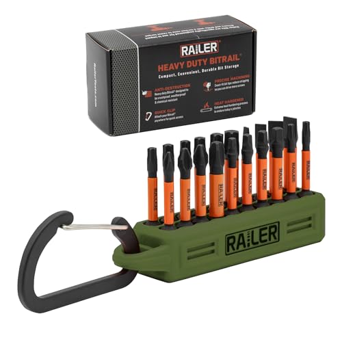 Railer 20pc Impact Driver Bit Set - Premium S2 Steel Screwdriver Bits with Torx, Hex, Phillips, Square & Slotted - Heavy Duty 1/4" Hex Shank Bits with Crushproof Storage Bit Holder & Carabiner Clip - color: Camo Green Bitrail