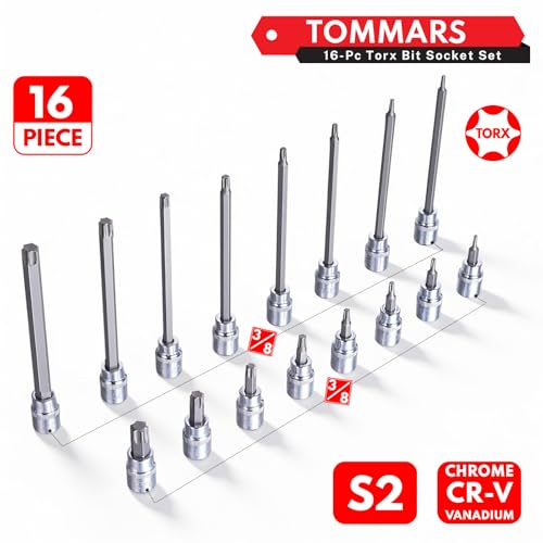 TOMMARS 16-Piece 3/8" Drive Conventional Torx Socket Set | T10, T15, T20, T25, T30, T40, T50, and T55, Long Torx Bit Socket Set ,S2 Alloy Steel - style: Torx Bit Socket