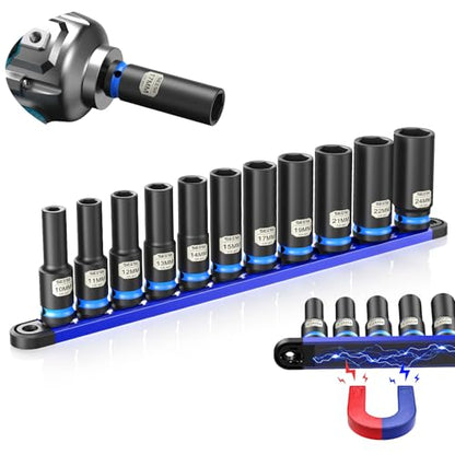 SEESII 1/2" Impact Socket Set Deep with Magnetic Rail, 11pc Metric 10-24mm, 6-Point, Lug Nut Removal, Heavy Duty Automotive Set for Trucks SUVs Import Vehicles