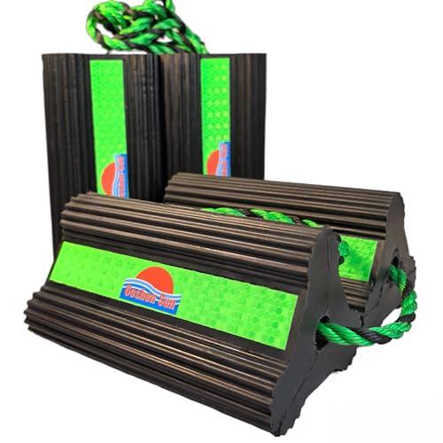 Goshen Sun- Heavy Duty Rubber Wheel Chocks with Reflective Strips,Set of 2/4 (8.25x4.5x4 Inch),All-Weather, Non-Slip,Wear-Resistant & Portable Parking Security for Airplan, RV, Trailer (4, Green)