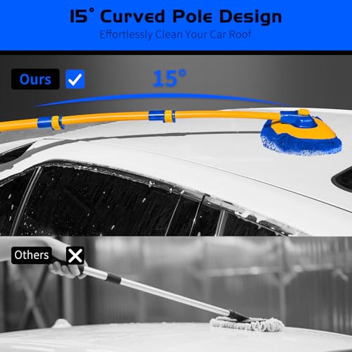Ordenado 15°Curved Car Wash Brush with Long Handle, 43" Car Cleaning Brush with Extension Pole, Microfiber RV Wash Mop Scratch-Free, Exterior Washer Mop for Washing Roof Truck Camper SUV Caravan Blue - color: Blue and Yellow