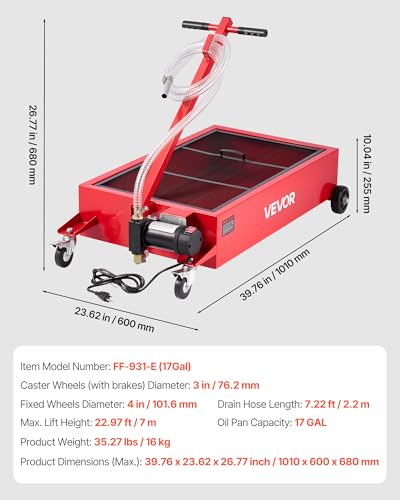 VEVOR Low Profile Oil Drain Pan, 17 Gal Capacity, Rolling Oil Drain Pan with 110V High-Flow Electric Pump, 7.2 ft Hose & T Folding Handle, Leak-Proof & Corrosion-Resistant, Fit for Trucks, ATVs, Red - size: 39.76 x 23.62 x 26.77 in