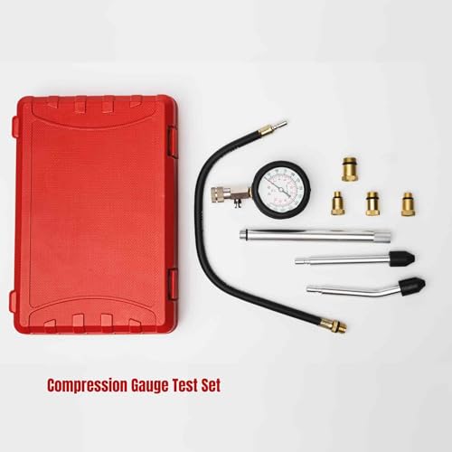 PMD Products Engine Cylinder Compression Tester Kit with Extender Tubes, 5 Spark Plug Adapters (M10, M12, M14, M16, M18), Dual Scale Compression Gauge, and Quick Check Rubber Cones