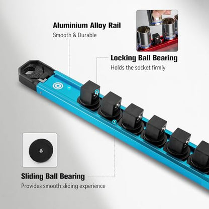 DURATECH Magnetic Socket Organizer Set, 1/4”, 3/8”, 1/2” Aluminum Alloy Socket Rail with 96 Clips, Socket Holder for Tool Box Drawer, Tool Cart and Garage Organization(9PCS) - size: 9PCS