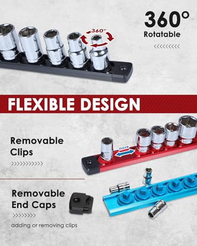 PINOZE 8PCS Magnetic Socket Holder Organizer Set - 1/4, 3/8, 1/2 - Aluminum Alloy Socket Rail Trays for Tool Box Drawer, Socket Rack Kit with 114Pcs Clips for Automotive Garage(Blue Red Black) - size: 8pcs - 1/2", 3/8", 1/4" DR