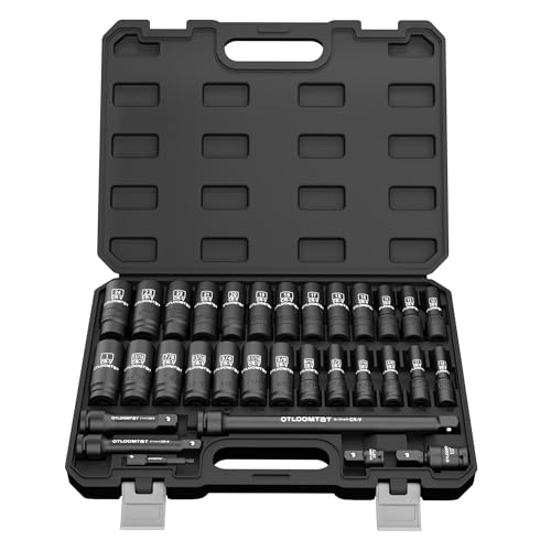 OTLOOMTBT 32PCS Impact Socket Set 1/2" Drive Metric & SAE Deep Sockets | Heavy Duty CR-V Steel Construction with Extension Bar, 6-Point Design, Laser Markings & Storage Case for Auto Repair - style: 32PCS 1/2" Drive Impact Socket Set (Metric/SAE)