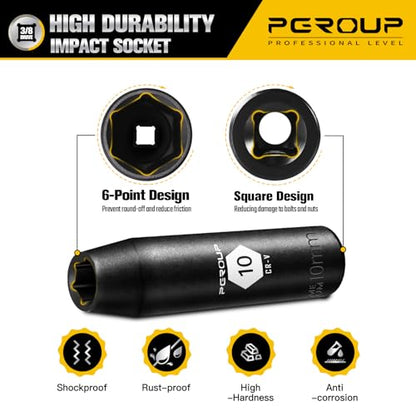 3/8” Drive Deep Impact Socket, Metric(10mm socket), 6-Point, Cr-V Steel With Black Manganese Phosphate Coating - size: 10 mm