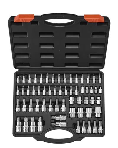 VEVOR Torx Bit Socket and External Torx Socket Set, 60-Piece T6-T70, TT6-TT70, TP8-TP60, E4-E24, S2 Alloy Steel and Cr-V Steel, 1/4 in, 3/8 in, and 1/2 in Drives, with Enhanced Storage Case, Hand Use - style: 60 PCS Torx & E-Torx