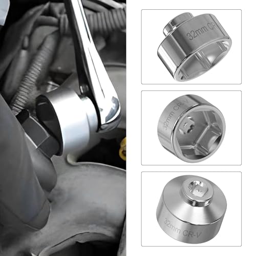 1 PC Car Oil Filter Wrench, 32mm 6-Point Low-profile Oil Filter Socket Tool, 3/8" Drive Steel Oil Pan Filter Removal Wrench, Compatible with Ecotec, TDI, VW, Audi, BMW (Silver)