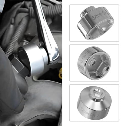 1 PC Car Oil Filter Wrench, 32mm 6-Point Low-profile Oil Filter Socket Tool, 3/8" Drive Steel Oil Pan Filter Removal Wrench, Compatible with Ecotec, TDI, VW, Audi, BMW (Silver)