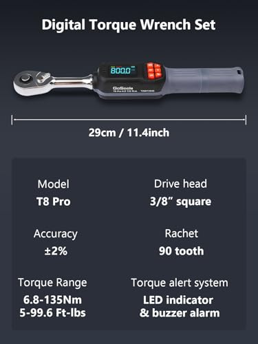 Goseek Digital Torque Wrench 3/8'' Drive, 5-99.6 Ft-lbs/6.8-135Nm, 90 Tooth Torque Wrench with Buzzer & LED Indicator, Electronic Torque Wrench Set for Bike Motorcycle Car Tire Auto Repair