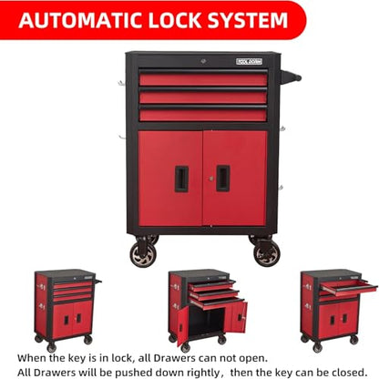 Rolling Tool Chest with Locking Wheels - Tool Box with 3 Drawers & 1 Big Tool Cabinet with 2 Door, 18.5" D x 28" W x 40" H Mobile Tool Storage Cabinet, Heavy-Duty Garage Organizer w/Ergonomic Handle - color: Red and Black