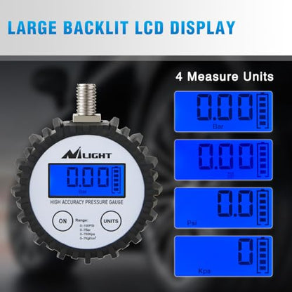 Nilight Digital Tire Pressure Gauge 100PSI Heavy Duty Stainless Steel Air Chucks ANSI 2A Certified Large Dial Wheel Service Checker for Truck Semi Truck ATV Motorhome Cars & RV Accessories - color: Digital Tire Gauge