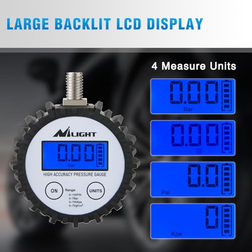 Nilight Digital Tire Pressure Gauge 100PSI Heavy Duty Stainless Steel Air Chucks ANSI 2A Certified Large Dial Wheel Service Checker for Truck Semi Truck ATV Motorhome Cars & RV Accessories - color: Digital Tire Gauge