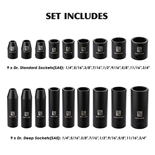 MIXPOWER 3/8'' Drive Master Impact Socket Set, 87-Piece Deep & Standard SAE and Metric,CR-MO, 1/4-Inch to 3/4-Inch and 6-19 mm, Impact Universal Sockets, Inverted Star Sockets, Extension Bar & Adapter - size: 3/8" Drive
