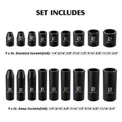 MIXPOWER 3/8'' Drive Master Impact Socket Set, 87-Piece Deep & Standard SAE and Metric,CR-MO, 1/4-Inch to 3/4-Inch and 6-19 mm, Impact Universal Sockets, Inverted Star Sockets, Extension Bar & Adapter - size: 3/8" Drive