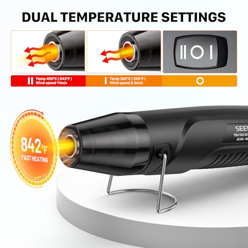 SEEKONE 350W Mini Heat Gun with Dual-Temp Model 500℉ & 842℉(260℃& 450℃), Hot Air Gun with Overload Protection and Reflector Nozzle for Heat Shrinking Tubes, Shaping, PVC Tubing（Black） - color: Black