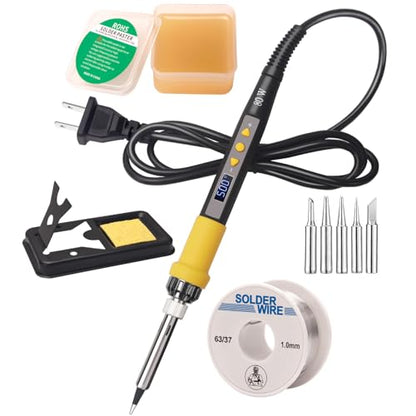 LDK 80W Soldering Iron Kit, 110V Digital Soldering Iron with 5 Solder Tips, Solder Wire, Adjustable Temperature Solder Welding Tools, Fast Heating, Electrical Repair - color: Yellow