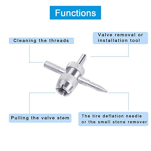 Riseuvo 6Pcs Tire Valve Stem Removal Tool - Single and Double Heads Valve Core Remover, 4-Way Valve Tool Great Tire Repair Tool, 10pcs Valve Stem Caps, 20pcs Valve Stem Core