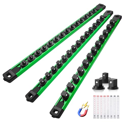 Reniteco Magnetic Socket Organizer Set, 3-Piece 1/2" 3/8" 1/4" Drive Aluminum Alloy Socket Holder with 40PC 360° Swivel Removable Clips, Magnetic Socket Rail for Tool Box Drawer, Green - color: Green, size: 3pc