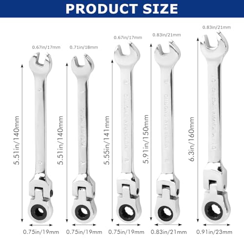 5pcs Flex Head Ratcheting Wrench Set, Metric 6-10mm Spanner Gear Ring Ratcheting Combination Wrenches Kit, 180° Head, 72 Tooth, Box End and Open End Wrench for Tight Spaces(Silver)