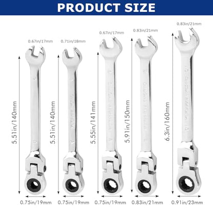 5pcs Flex Head Ratcheting Wrench Set, Metric 6-10mm Spanner Gear Ring Ratcheting Combination Wrenches Kit, 180° Head, 72 Tooth, Box End and Open End Wrench for Tight Spaces(Silver)