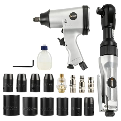 Hoteche 17-Piece Air Tool Kit, 1/2" Air Impact Wrench & Air Ratchet Wrench Combo Set, Pneumatic Tool Kit with Carrying Case and Impact Socket Set (9-27mm) for Automotive Repair & Maintenance