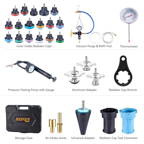 KOOPOOL 30PCS Radiator Pressure Tester Kit with Vacuum Refill | Coolant system leak tester with pressure gauge, adapters & vacuum refill tool. Built for cars, trucks & SUVs